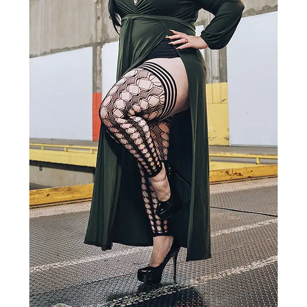 Kixies Jo Circle Fishnet Footless Thigh High Black D - Lingerie - Plus/Queen - Packaged