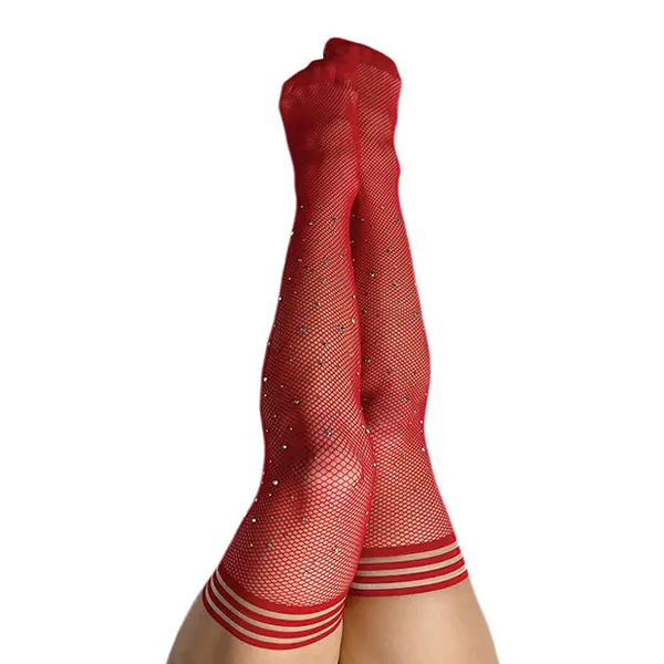 Kix’ies Joely Fishnet Rhinestone Thigh High Red C - Lingerie - Packaged