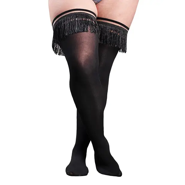 Kix’ies Keila Semi Opaque Fringe Thigh High Black D - Lingerie - Plus/Queen - Packaged