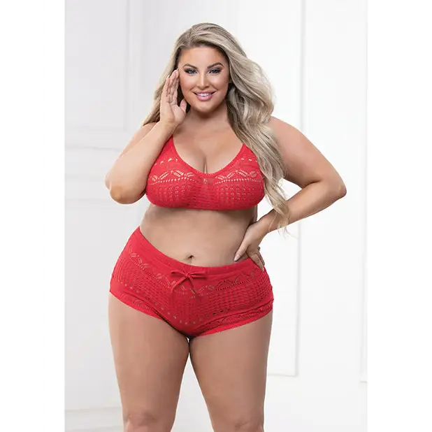 Knit Bralette & Cheeky Shorts Flame Scarlet 1X/2X - Lingerie - Plus/Queen - Hanging