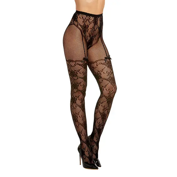Lace and Fishnet Pantyhose with High-Waisted Lace Panty Design - Black O/S - Lingerie - Packaged