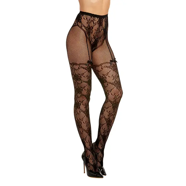 Lace and Fishnet Pantyhose with High-Waisted Lace Panty Design - Black O/S - Lingerie - Packaged
