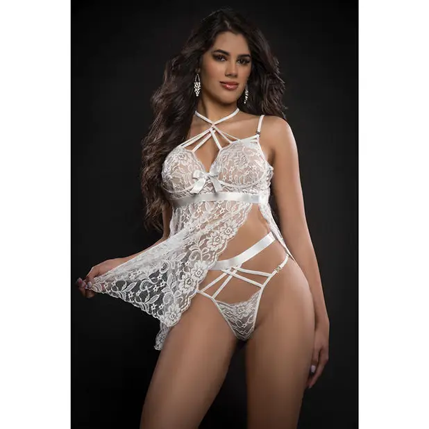 Lace Halter Babydoll w/High Waist Strappy Panty White O/S - Lingerie - Packaged