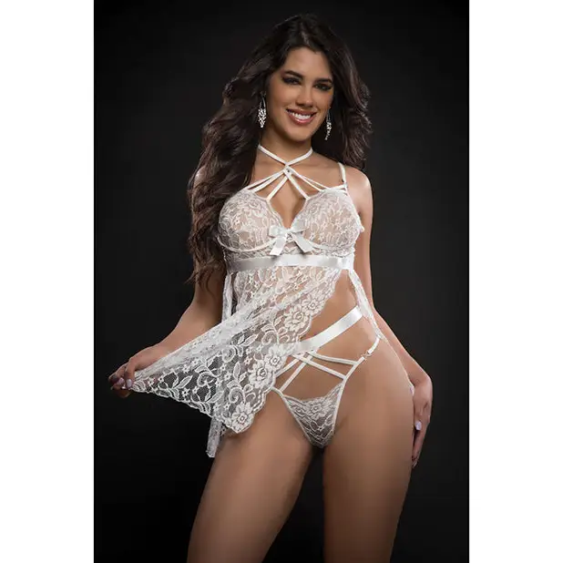 Lace Halter Babydoll w/High Waist Strappy Panty White O/S - Lingerie - Packaged
