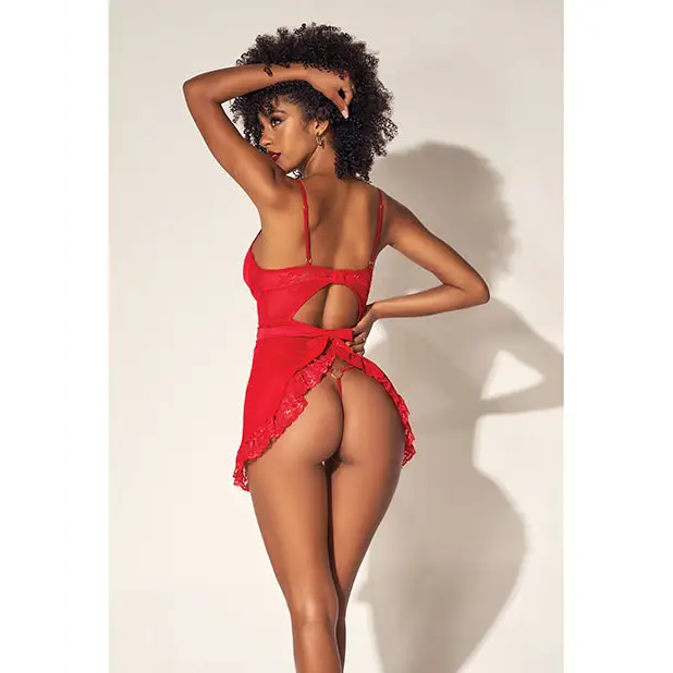 Lace & Mesh Babydoll w/Open Back & G-String Red S/M - Lingerie - Packaged