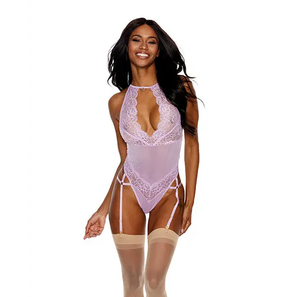 =Lace & Mesh Gartered Teddy Lilac XL - Lingerie - Hanging