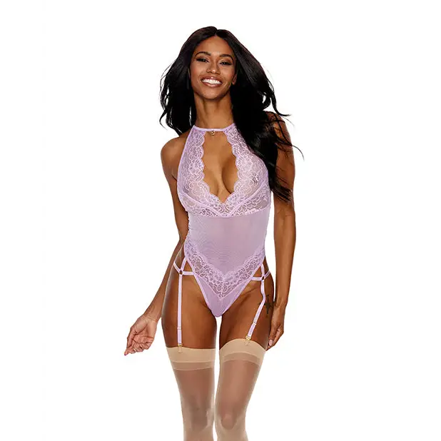 =Lace & Mesh Gartered Teddy Lilac XXL - Lingerie - Plus/Queen - Hanging