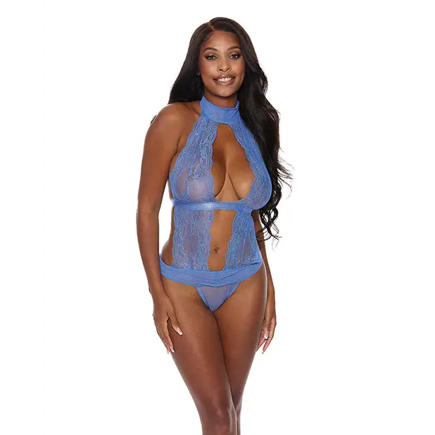 =Lace & Mesh Halter Neck Teddy Periwinkle XL - Lingerie - Hanging