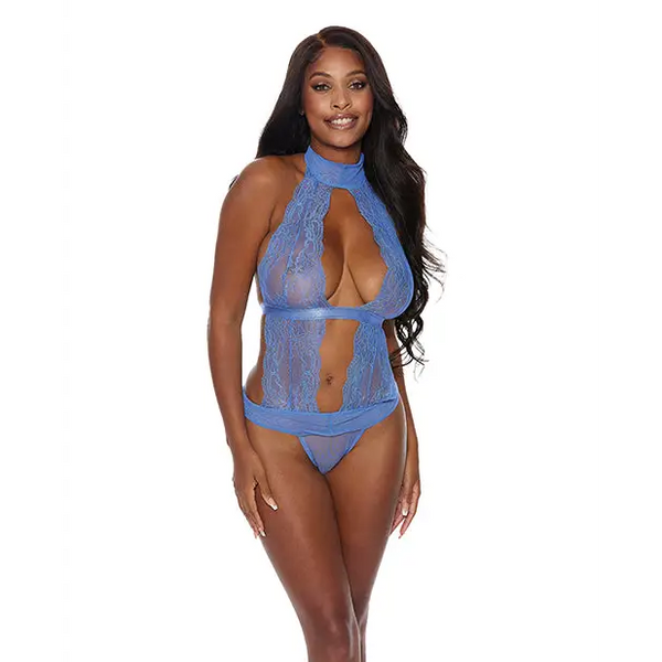 =Lace & Mesh Halter Neck Teddy Periwinkle XXL - Lingerie - Plus/Queen - Hanging