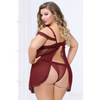 Lace & Mesh Open Cups Babydoll w/Fly Away Back & Panty Wine 1X/2X - Lingerie - Plus/Queen - Hanging