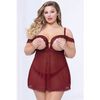 Lace & Mesh Open Cups Babydoll w/Fly Away Back & Panty Wine 1X/2X - Lingerie - Plus/Queen - Hanging