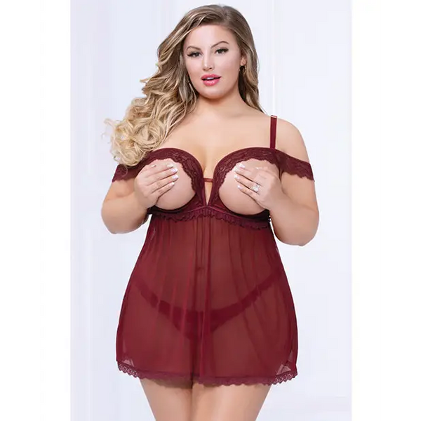 Lace & Mesh Open Cups Babydoll w/Fly Away Back & Panty Wine 1X/2X - Lingerie - Plus/Queen - Hanging