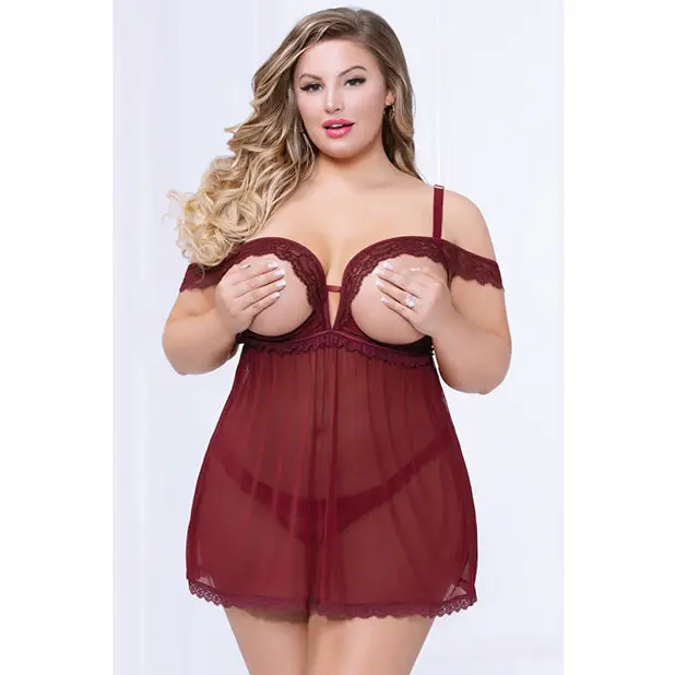 Lace & Mesh Open Cups Babydoll w/Fly Away Back & Panty Wine 3X/4X - Lingerie - Plus/Queen - Hanging