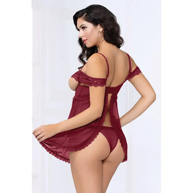 Lace & Mesh Open Cups Babydoll w/Fly Away Back & Panty Wine MD - Lingerie - Hanging
