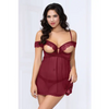 Lace & Mesh Open Cups Babydoll w/Fly Away Back & Panty Wine MD - Lingerie - Hanging