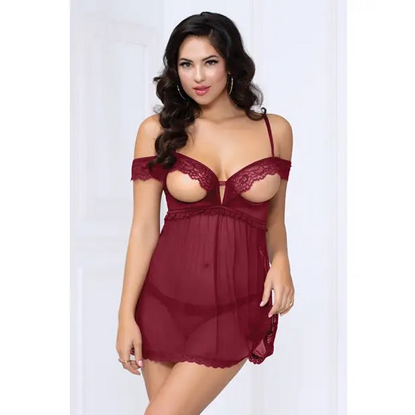 Lace & Mesh Open Cups Babydoll w/Fly Away Back & Panty Wine XL - Lingerie - Hanging