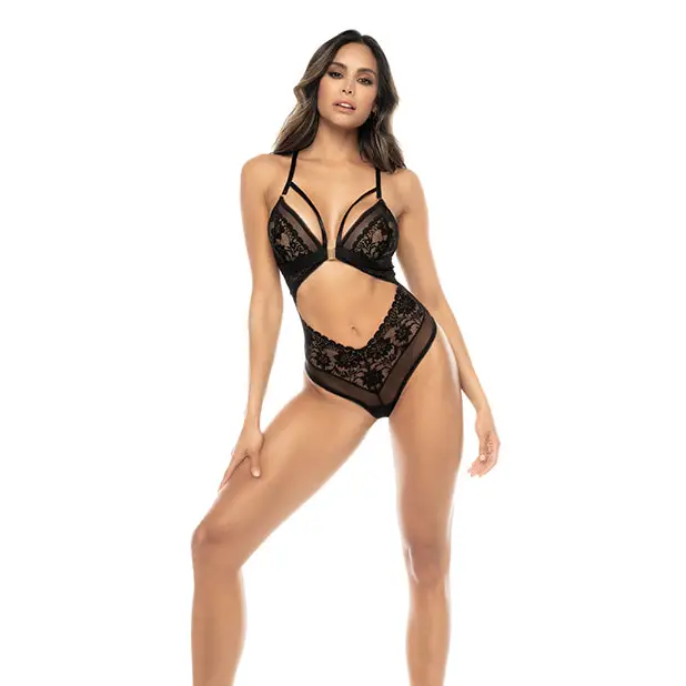 Lace & Mesh Teddy w/Front Clasp & Lace Up Back Black S/M - Lingerie - Packaged