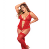 Lace & Mesh Teddy w/Hook & Eye Crotch Closure w/Attached Garter Straps Red 2X/3X - Lingerie - Plus/Queen - Packaged