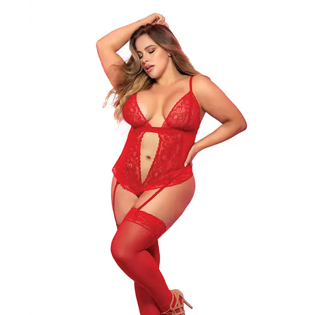 Lace & Mesh Teddy w/Hook & Eye Crotch Closure w/Attached Garter Straps Red 2X/3X - Lingerie - Plus/Queen - Packaged