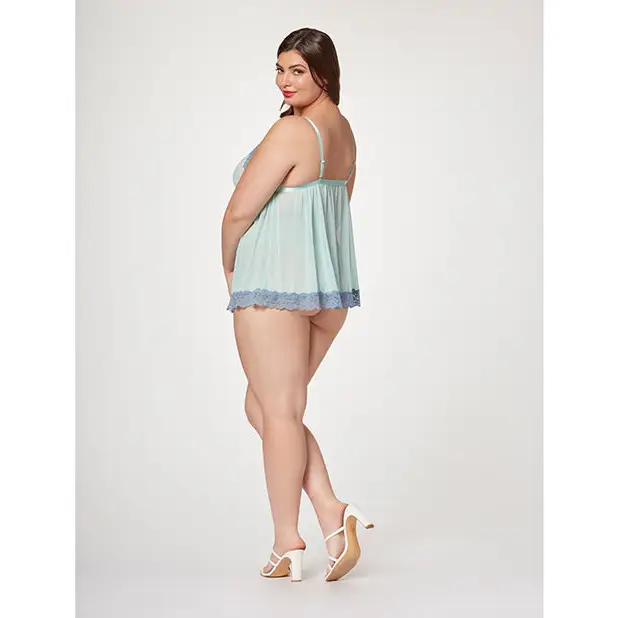 Lace & Mesh Triangle Cup Babydoll & Thong Blue 1X/2X - Lingerie - Plus/Queen - Hanging