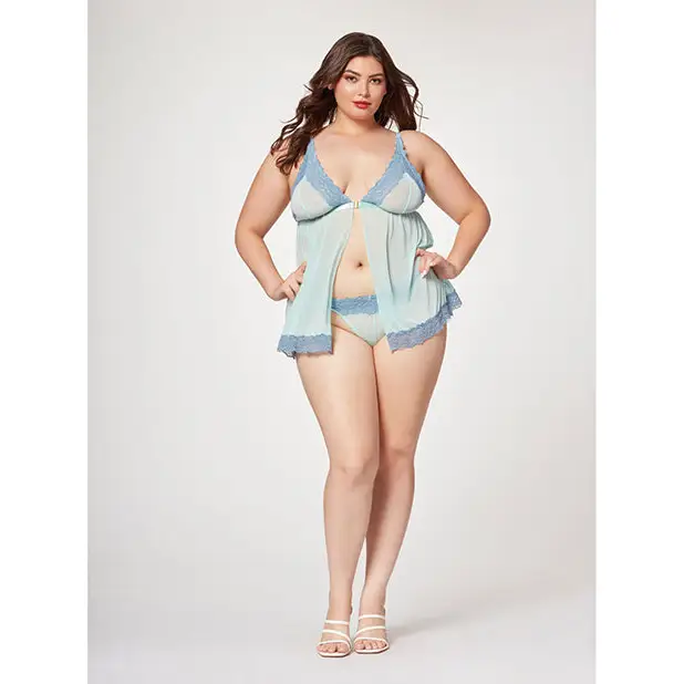Lace & Mesh Triangle Cup Babydoll & Thong Blue 1X/2X - Lingerie - Plus/Queen - Hanging