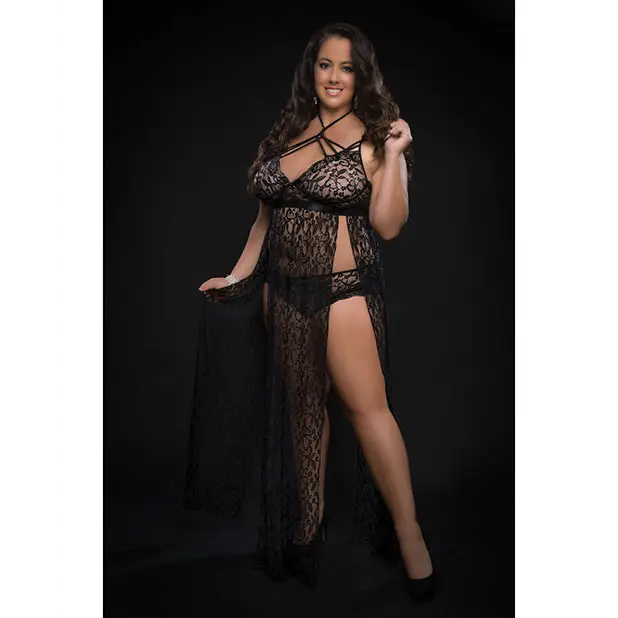 Lace Night Gown w/Lace Panty Black QN - Lingerie - Plus/Queen - Hanging