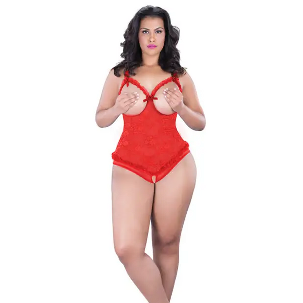 Lace Open Cup & Crotchless Teddy Red QN - Lingerie - Plus/Queen - Packaged