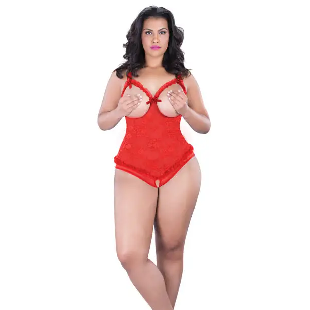 Lace Open Cup & Crotchless Teddy Red QN - Lingerie - Plus/Queen - Packaged