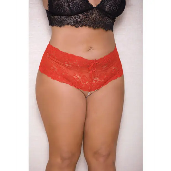 Lace & Pearl Boyshort w/Satin Bow Accents Red 1X/2X - Lingerie - Plus/Queen - Hanging