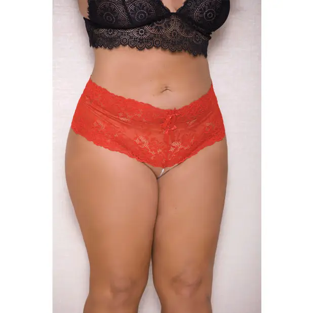 Lace & Pearl Boyshort w/Satin Bow Accents Red 1X/2X - Lingerie - Plus/Queen - Hanging