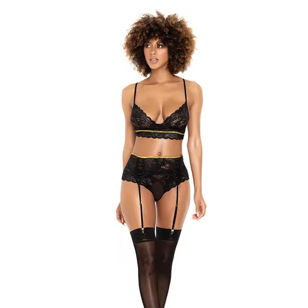 Lace Underwire Bra Thong & Garterbelt w/Lace Up Detail Black S/M - Lingerie - Packaged