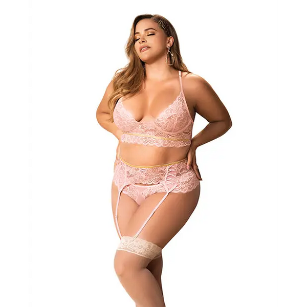 Lace Underwire Bra Thong & Garterbelt w/Lace Up Detail Rose 1X/2X - Lingerie - Plus/Queen - Packaged