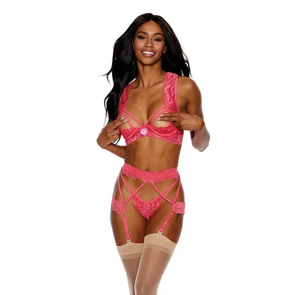 Lace Underwire Peek a Boo Bra Garterbelt & G-String Coral LG - Lingerie - Hanging