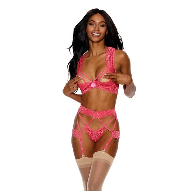 Lace Underwire Peek a Boo Bra Garterbelt & G-String Coral LG - Lingerie - Hanging