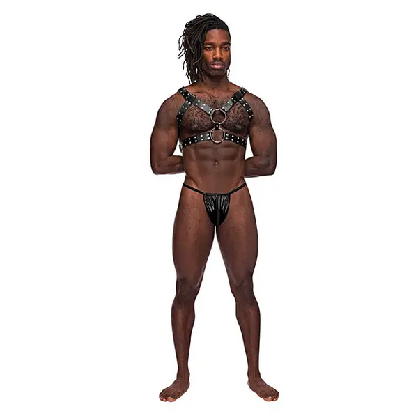 Leather Gemini Double Ring Harness Black O/S - Lingerie - Packaged