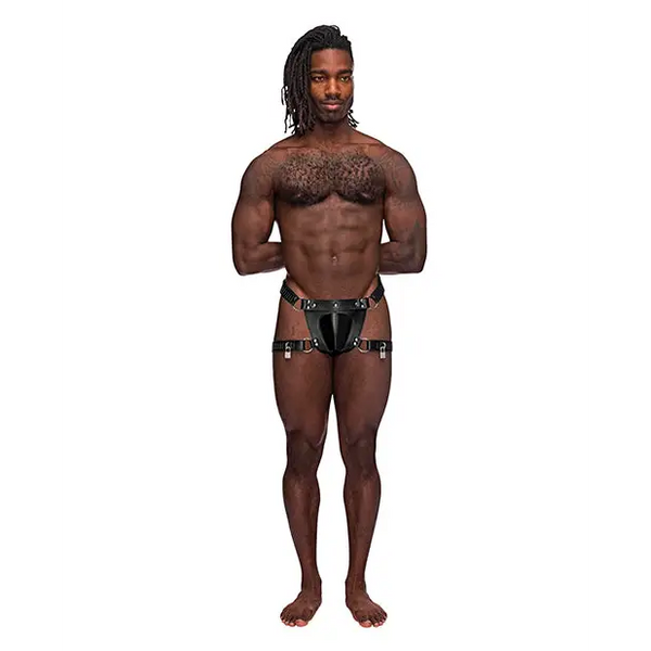 Leather Scorpio Adjustable Waist & Leg Band Thong Black O/S - Lingerie - Packaged