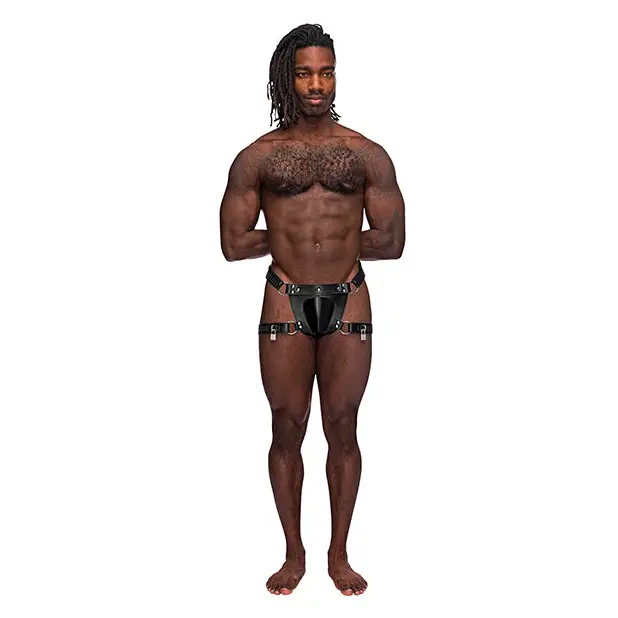 Leather Scorpio Adjustable Waist & Leg Band Thong Black O/S - Lingerie - Packaged