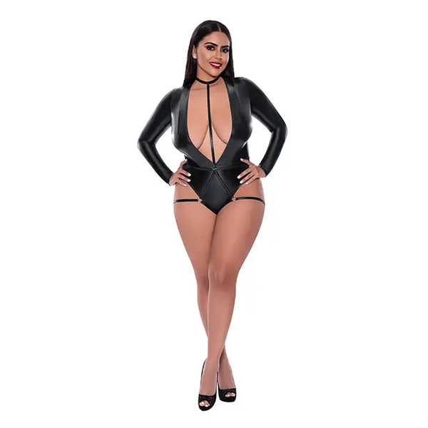Liquid Onyx Long Sleeve Teddy w/Harness Caging Black QN - Lingerie - Plus/Queen - Packaged