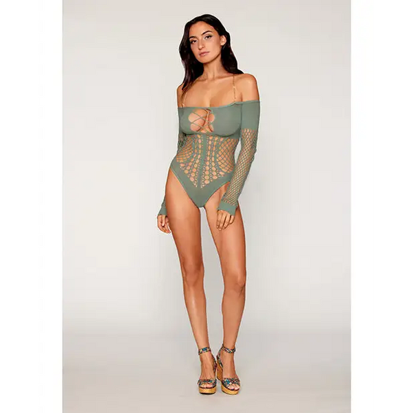 Long Sleeve Opaque and Fishnet Seamless Teddy w/Removable Halter Chain - Sage Green O/S - Lingerie - Packaged