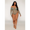 Long Sleeve Opaque and Fishnet Seamless Teddy w/Removable Halter Chain - Sage Green QN - Lingerie - Plus/Queen