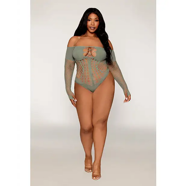 Long Sleeve Opaque and Fishnet Seamless Teddy w/Removable Halter Chain - Sage Green QN - Lingerie - Plus/Queen