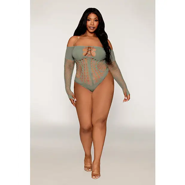 Long Sleeve Opaque and Fishnet Seamless Teddy w/Removable Halter Chain - Sage Green QN - Lingerie - Plus/Queen