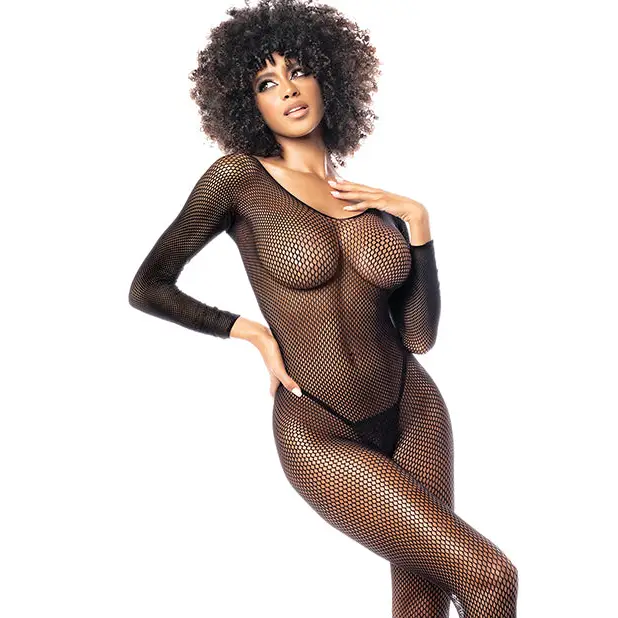 Long Sleeved All Over Fishnet Body Stocking Black O/S - Lingerie - Packaged