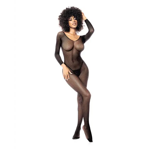 Long Sleeved All Over Fishnet Body Stocking Black O/S - Lingerie - Packaged