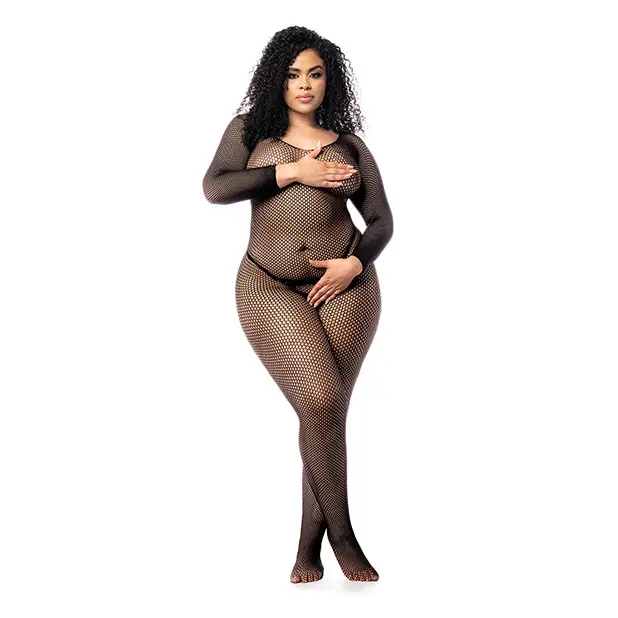Long Sleeved All Over Fishnet Body Stocking Black QN - Lingerie - Plus/Queen - Packaged