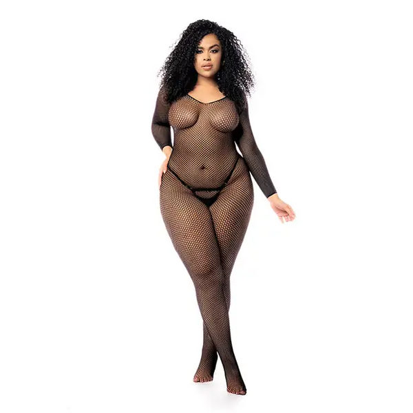 Long Sleeved All Over Fishnet Body Stocking Black QN - Lingerie - Plus/Queen - Packaged