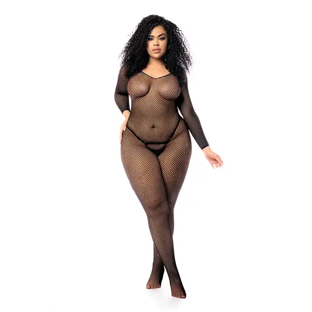 Long Sleeved All Over Fishnet Body Stocking Black QN - Lingerie - Plus/Queen - Packaged