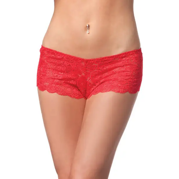 Low Rise Stretch Scallop Lace Booty Short Red O/S - Lingerie - Hanging