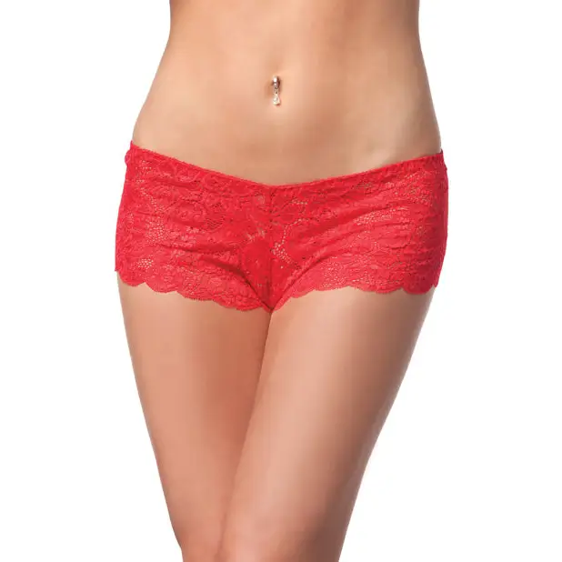 Low Rise Stretch Scallop Lace Booty Short Red O/S - Lingerie - Hanging
