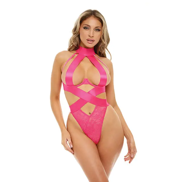 Lucky Open Cup Wide Elastic & Lace Teddy Pink Yarrow L/XL - Lingerie - Packaged